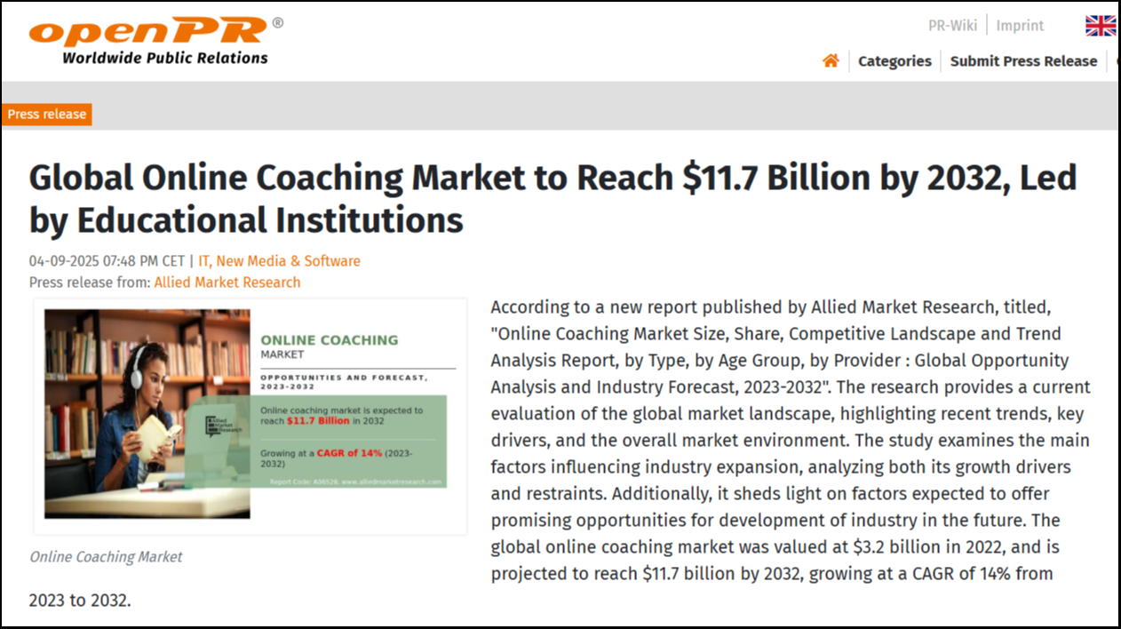 openpr article on global online coaching market growth.