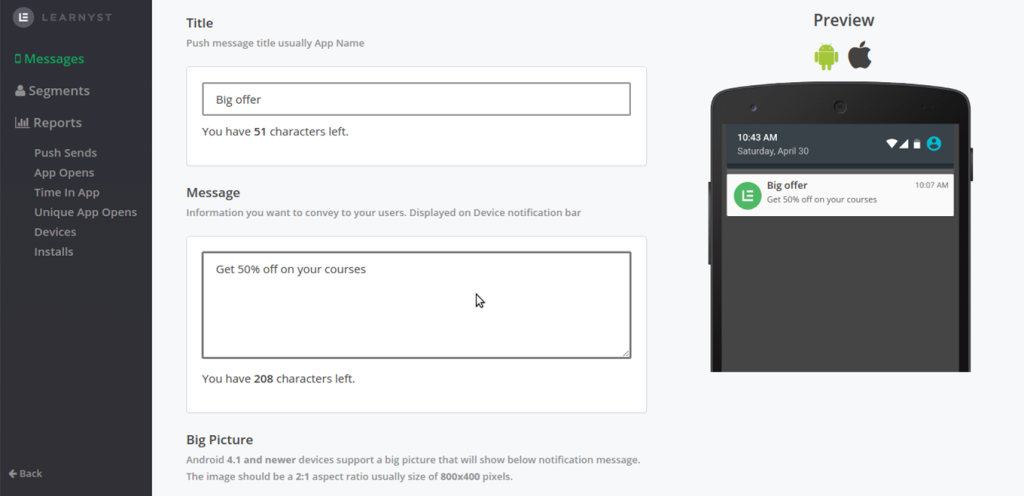 Fill the inApp message details