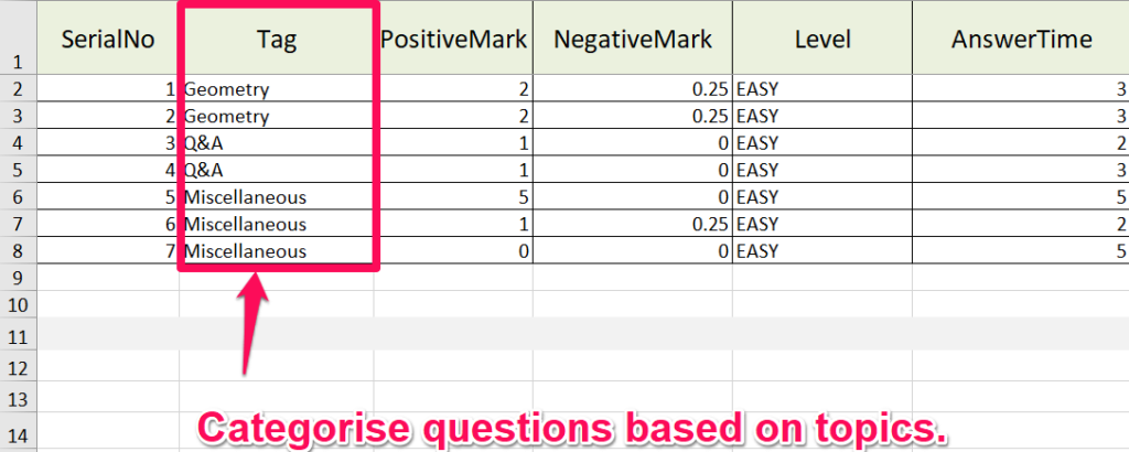 inserting questions in excel 