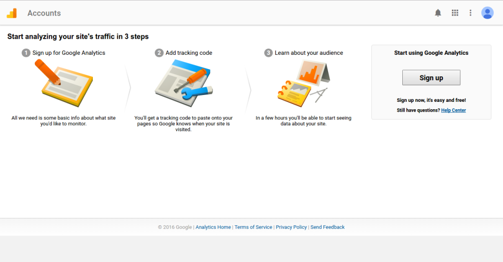 Google analytics signup page