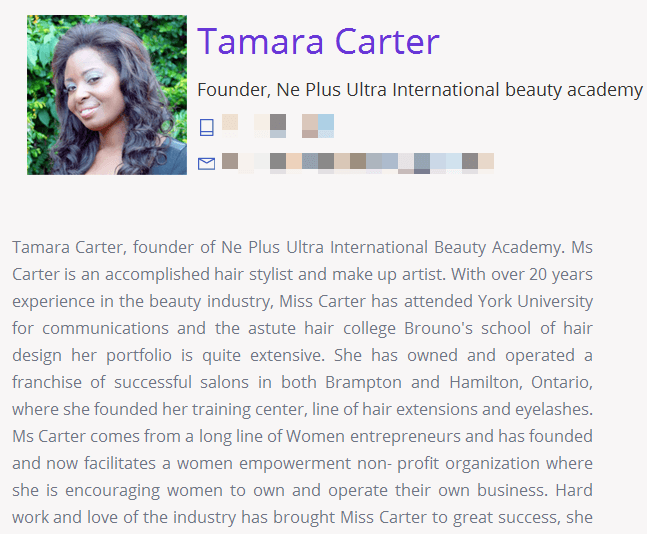 Tamara Carter testimonial on DIY website builder, founder of ne plus ultra international beauty academy 