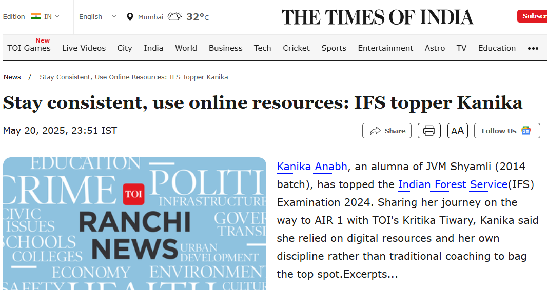 Times of India article on IFS 2024 topper Kanika