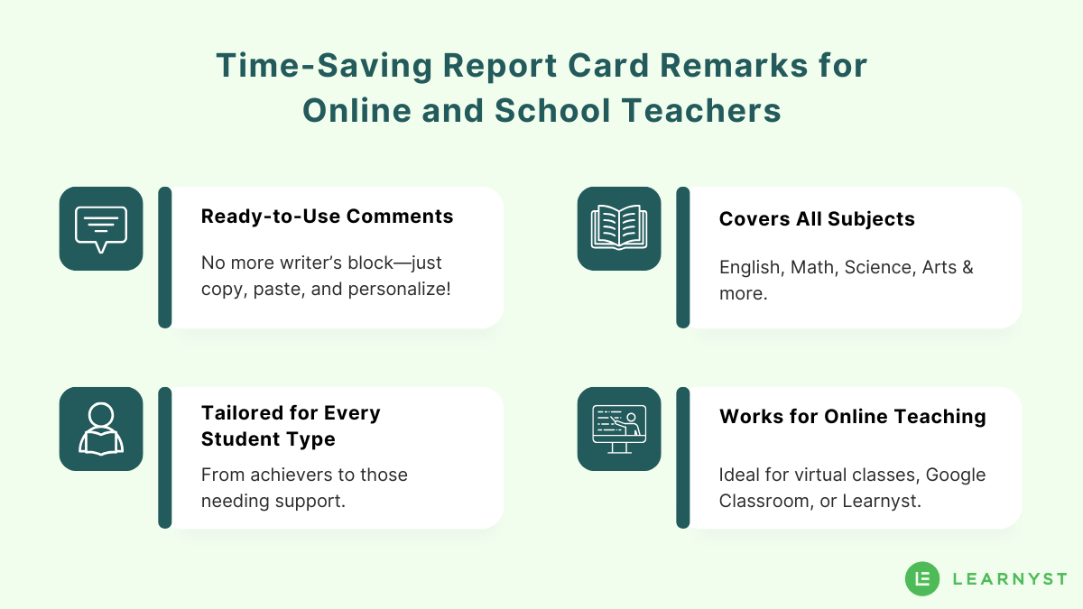 Report card remarks for online and school teachers
