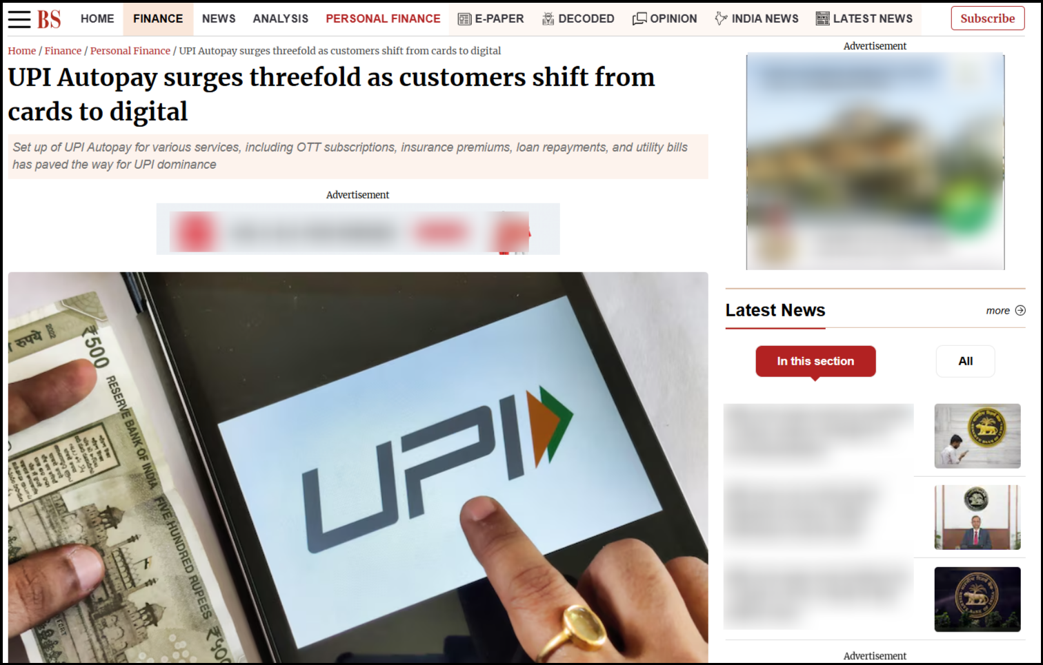 Business standard article on UPI Autopay