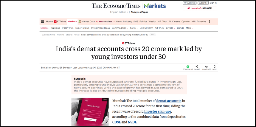 The Economic Times article on indias demat accounts crosses 20 crore