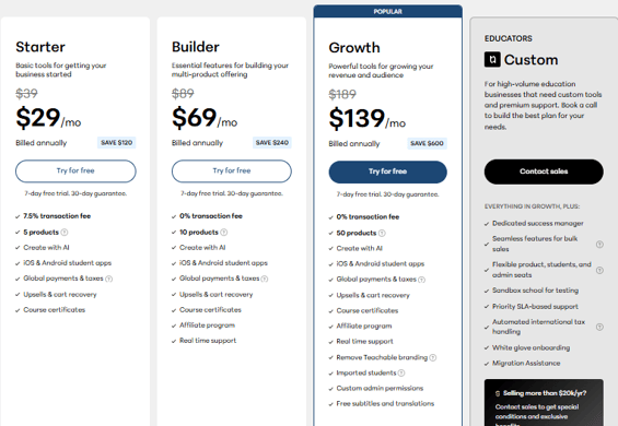 Teachable pricing plan